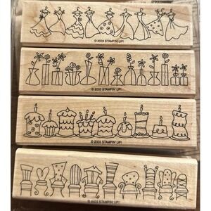 NEW Stampin Up - SIMPLY SWEET -Rubber Stamp Set of 4 Dresses Flowers Cake Chairs